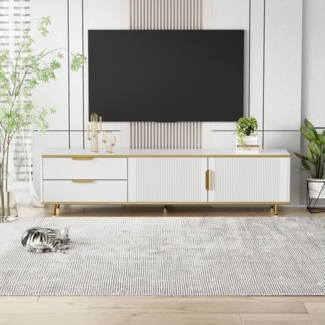 REDOM Lowboard TV-Schrank mit Stauraum, modern und elegant, in Weiß und Gold (Fernsehtisch, TV-Board mit Marmorstruktur, 175 cm breit), geschnitzter Textur,goldenen Griffen und Füßen