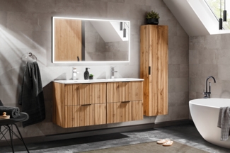 ADEL Badmöbel-Set 120 cm mit SKY Möbelwaschtisch, Hochschrank und LED-Spiegel (46x120cm), Eiche Wotan