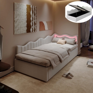 PXloue Polsterbett Schlafsofa Daybett (hydraulischem Stauraum), Jugendbett mit LED-Beleuchtung, Teddysamt, 90x200 cm