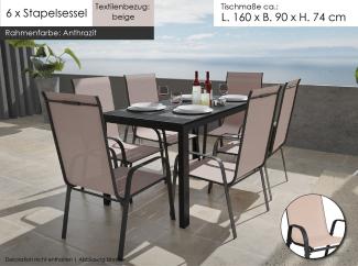 Gartenmöbel Set Alu Tisch 7-tlg. 6x Stapelsessel Gartenset Sitzgruppe Essgruppe beige