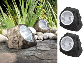 2x LED Gartendeko Solarleuchten in Steinoptik aus grauem Kunststoff