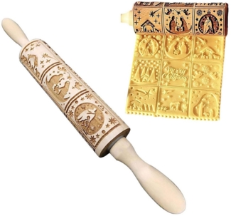 Refttenw Teigroller 3D Holz Teigroller Weihnachten Nudelhölzer 35x16.5x4.5cm, für DIY, Teig, Fondant, Keks, Kuchen