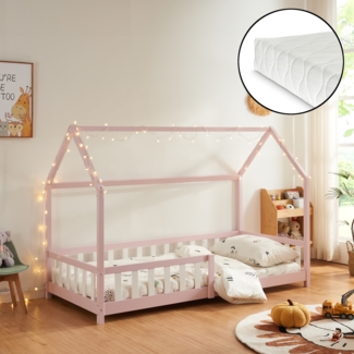Hausbett Hesel mit Matratze und Rausfallschutz 90x200cm Rosa [en. casa]