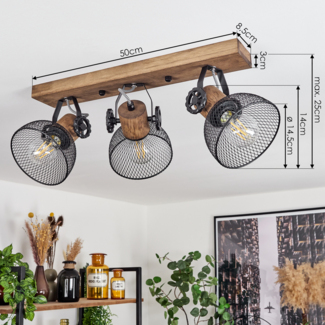 »Cotes«, Deckenlampe im Vintage-Design aus Holz/Metall in Braun/Schwarz m. Schirmen in Gitter-Optik, Leuchte m. Holzbalken, Textilkabeln u. verstellbaren Strahlern, 3 x E27 max. 60 Watt