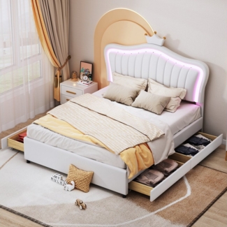 Flieks Polsterbett, LED Beleuchtung Krone Kunstleder Kinderbett 140x200cm mit 4 Schubladen