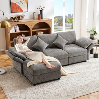 Ecksofa, L-förmig mit Fußhocker umwandelbares 3-Sitzer-Schlafsofa 4 Kissen verstellbare Armlehnen bequemer Chenille-Stoff geeignet für Wohnzimmer Büro Wohnung, Chenille, Grau