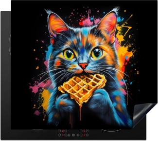 MuchoWow Herd-Abdeckplatte Katze - Graffiti - Bunt - Waffel - Essen, Vinyl, (1 tlg), Küche Herdabdeckung Ceranfeld Induktionsfeld Vinyl, 65x50 cm