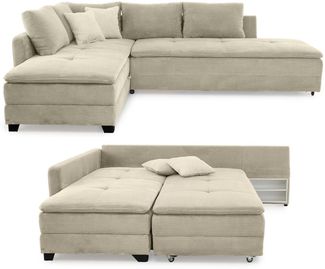 Ecksofa-Dauerschläfer Doppelbett Federkern Bettkasten Couch in Cord Beige Grau