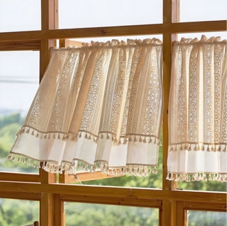 Qelus Schiebegardine Boho Bistrogardine Fenstergardinen Kurz Gardine Küche Quaste Landhaus, (2 St), Doppelschicht Halbtransparent für Küche Cafe Zimmer