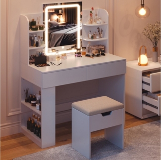 HOMALL Schminktisch mit LED-Beleuchtung, einstellbare Helligkeit, mit 2 Schubladen (L*B*H) 90*40*135 cm 8 offene Fächer (2 Seitenfächer können von links nach rechts umgestellt werden) 2 große Schubladen)