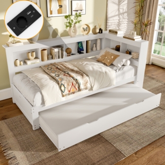 Daybett, Schlafsofa mit ausziehbarem Bett, Steckdose und 2 USB-Anschlüssen, mit Lattenrost (ohne Matratze), Spanplatte, Weiß, 90×200 cm