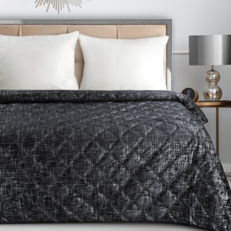 Eurofirany Tagesdecke Eleganter Bettüberwurf BLINK6 silber Details Karomuster Steppung, Allzweckdecke, weiche Decke in Schwarz, Beige, Creme, Silber zur Wahl