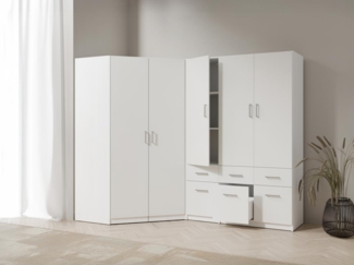 Vente-unique - Eckkleiderschrank mit 5 Türen & 6 Schubladen - 254 cm - Weiß - BELOMY