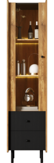 LVHOM Standvitrine 180cm mit LED und Glastür, Vitrine mit Schubladen, Vitrinenschrank Highboard Landhausstil, Bücherschrank Eiche/Schwarz