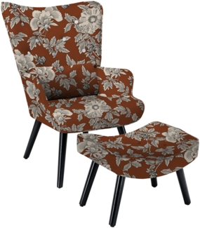 HomeMiYN Leinen-Sessel mit Blumenprint (Rostrot/Beige) inkl. Fu?hocker H 69.5x T 43.5 x B 69cm