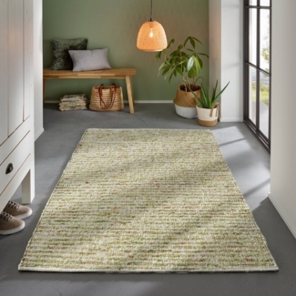 TaCa Home Wollteppich Gewalkter Handweb Woll-Teppich mit schwarzer Kette, rechteckig, Höhe: 9 mm, nachhaltige Schurwolle Wohnzimmer Schlafzimmer, Grün - 90 x 160 cm