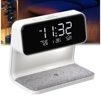 REDOM Nachttischlampe Kabellose LED-Lampe Touchlampe mit Wecker und kabelloser Ladestation, Touch-Schalter, LED fest integriert, Warmweiß, Nachtlicht Schreibtischlampe Wireless Charging 3-Stufen Dimmbar