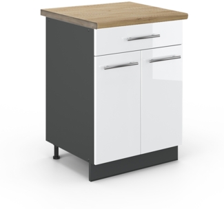 Vicco Küchenunterschrank Weiß Hochglanz 60 cm mit Schublade, AP Eiche, Fame-Line