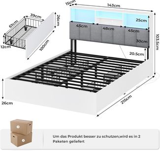 MSMASK Polsterbett Jugendbett, 140×200 cm mit Ladestation und LED-Beleuchtung (Ohne Matratze), Doppelbett mit 4 Schubladen
