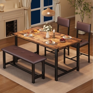 GarveeMore Essgruppe für 4,Esstisch mit 2 gepolsterten Stühlen und Bank, Holzküchen-Esszimmer-Set,für kleine Räume,Wohnung,Haus,Küche