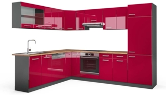 Eckküche R-Line Rot Hochglanz/Anthrazit 287 x 60 cm , AP Eiche Vicco