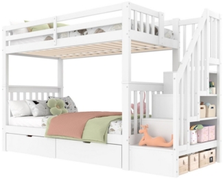 SOFTWEARY Etagenbett mit 2 Liegeflächen, Lattenrost und Stauraum (90x200 cm), Kinderbett mit Rausfallschutz