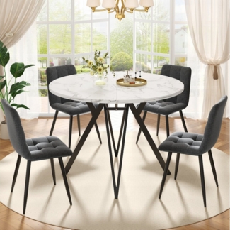 HAUSS SPOLE Essgruppe 5-tlg mit 4 Stühlen, Runder Küchentisch mit schwarzen Metallbeinen, (5-teiliges Esstisch-Set – Runder Marmor-MDF-Tisch mit Metallbeinen & 4 Graue Leinenstühle – Flexibel einstellbar, ideal für moderne Küchen, Esszimmer & Homeoffic...