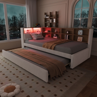 Merax Polsterbett 90*200cm Einzelbett, Daybett, Schlafsofa, mit Ausziehbett 90*190, ausgestattet mit LED Leuchten, Steckdosen und vielen Ablagefächern, Flanell, Beige