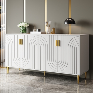 Sideboard Weiß L152 x B40 x H75 cm, Küchen- oder Wohnzimmer-Sideboard aus MDF mit goldfarbenen Griffen, 2 Türen, 4 Ablagefächer