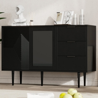 Flieks Kommode (120 x 38 x 79,5 cm, 1 St, mit Metallgriffen und Metallbeine), Sideboard mit 3 Schubladen und Glastüren Küchenschrank Schwarz