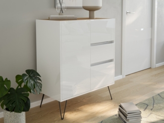 Design Sideboard Kommode Rauk 80cm 3 Greifraum SoftClose 1 Tür Weiß/Eiche Top : Weiss hochglanz / Oak Gold