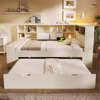 OKWISH Stauraumbett Bett 90x200 cm mit Ausziehbett und USB-/Type-C-Anschlüssen (Holzbett, Funktionsbett, 1-tlg, Großzügiger Stauraum, hochwertigen Platten), Platzsparendes Doppel- & Jugendbett