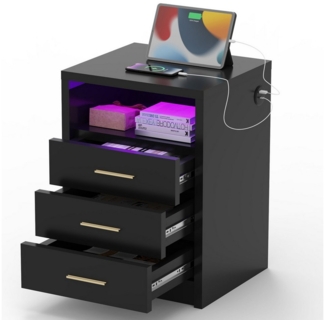 oyajia Nachttisch Nachtschrank mit 2/3 Schubladen, Beistelltisch mit Ladestation und LED (1-st RGB Nachttisch mit Schubladen und Ladestation), Nachttisch mit Schubladen, Einstellbare Farben, Type-C, USB-Anschlüsse