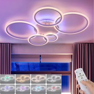 oyajia LED Deckenleuchte 80W LED Deckenlampe RGB Farbwechsel, 5 Rings Deckenleuchte Dimmbare, LED fest integriert, Warmweiß, Naturweiß, Kaltweiß, RGB, 96 cm x 7.5 cm Deckenleuchte für Wohnzimmer Schlafzimmer Kinderzimmer