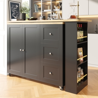 Bartischschrank Küchentisch Schwarz 360° drehbar mit Rollen, Sideboard Klapptisch mit Regalen, modern aus MDF, mit Metallgriffen