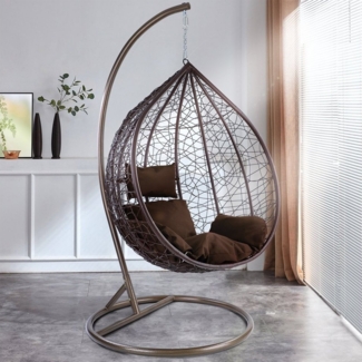 Luxus Hängesessel Miami XL Polyrattan Korb und Gestell braun Kissen dkl. braun