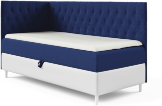 MEBLINI Kinderbett mit Bettkasten FILIPPO 3 90x200 Links – H3/Blau Samt Gepolstert Einzelbett mit Matratze - Polsterbett mit Stauraum - Bett mit Kopfteil – Stauraumbett