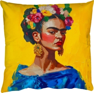 MuchoWow Dekokissen Frida Kahlo - Frau - Gelb - Blau - Blumen, Dekoration, Zierkissen, Kissen mit Füllung, 50x30 cm