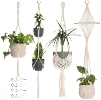 FOUORTUNATE-BEE Blumenampel 4er Set Blumenampel Hängend Innen (Boho Deko Makramee Hängeampel mit Haken, Baumwollseil Blumentopf Hängend, Boho Zimmer Deko Aesthetic, Hängepflanzen Topf für Balkon Fenster Deko)
