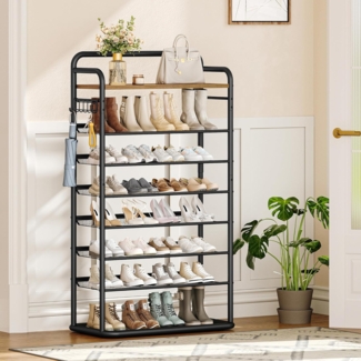 Schuhregal, 8-stöckiges Schuhablage mit Haken, Abtropfschale, Flache und Kippbare Gitternetzregale, 28-32 Paar, Schuhaufbewahrung für Eingang, Flur, Wohnzimmer, Vintagebraun-schwarz