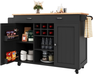 Kücheninsel 102x45x92 cm, mobil mit verstellbarem Weinregal & Stauraum, MDF/Metall, schwarz
