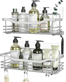 SURFOU Duschregal Duschablage Set ohne Bohren, Edelstahl Regal für Bad und Küche, Duschablage ohne Bohren 2 Stück set, mit 5 haken, zur Aufbewahrung von Shampoo, Duschgel, Handtüchern, Toilettenartikeln und Reinigungsmitteln, Rostfreier Wand-Duschregal