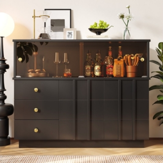 Flieks Sideboard (für Küche, Esszimmer und Wohnzimmer, 1 St, 120x33x95 cm), Küchenschrank mit Glasschiebetür und 3 Schubladen Kommode Schwarz
