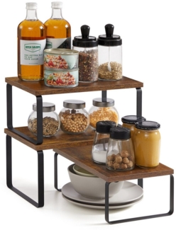 Gewürzregal, 3er Set Küchen-Organizer, Küchenregal, stapelbar, erweiterbar, Metall und Holzspanplatte, braun-schwarz
