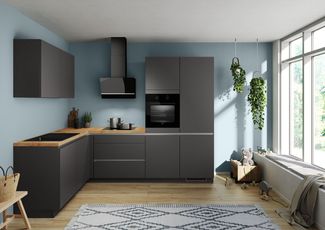 IMPULS KÜCHEN Winkelküche "Dublin", Anti Fingerprint Oberfläche, Schubkästen mit Soft-Close, vormontiert, wahlweise mit E-Geräten, mit Vollauszug, Breite 460 cm