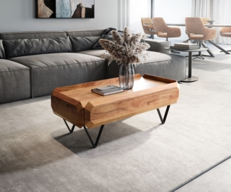 Couchtisch Kiano 100x50 cm Akazie Natur 2 Schübe V-Fuß Schwarz