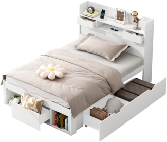 Merax Einzelbett, 90*200cm, Mit USB-port & Schubladen & Stauschrank, Kinderbett, Jugendbett, Multifunktionales Bett, Großer Stauraum, ohne Matratze, weiß