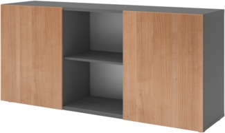 bümö Schwebetürenschrank, Sideboard Graphit/Nussbaum - Büromöbel Sideboard Holz 160cm breit, 42cm schmal, Büro Schrank mit Schwebetür für Flur oder als Wohnzimmer-Kommode, 1780-G-N