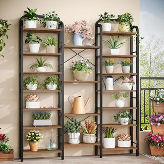 Bücherregal, 6 Tier 18 Fächer Baumförmiges Bücherschrank, Standregal, Verstellbare Offene Ablagen, für Arbeitszimmer, Wohnzimmer, Vintage Braun-Schwarz, 24 x 152 x 198,5 cm