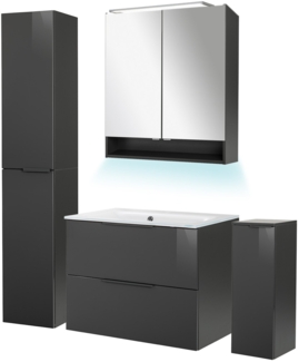 Fackelmann LUNA Badmöbel Set 6-teilig, 80 cm breit, Anthrazit,Glas Weiß+Spiegelschrank+2 Badschränke